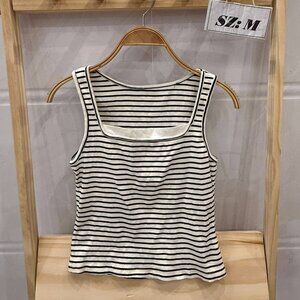 Black White Stripe Ribbed Crop Tank Top Square Neck Summer Essential
